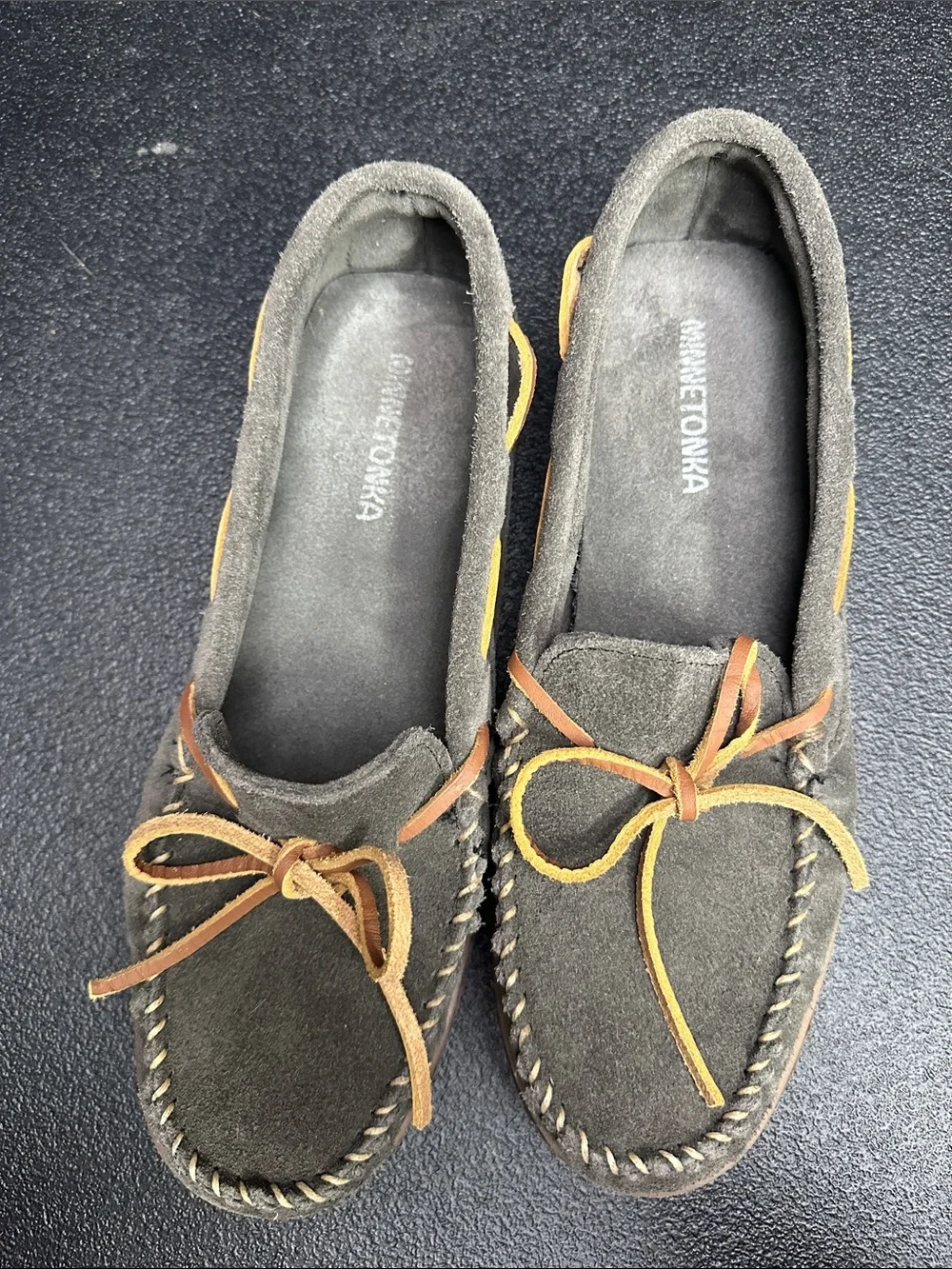 Minnetonka Grey Suede Moccasin Loafers with Tan Laces size 10 W